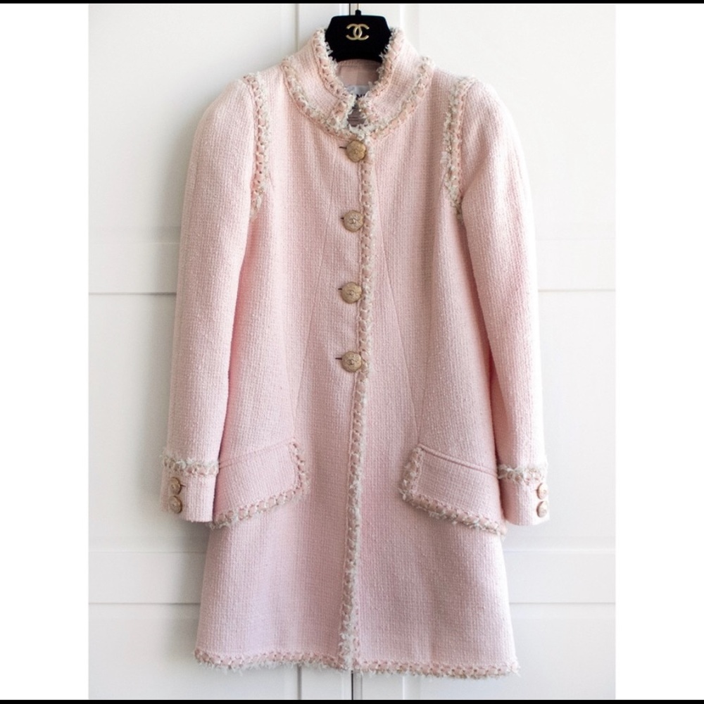 Chanel Versailles Pink Camellia Long Tweed Braided Jacket Coat